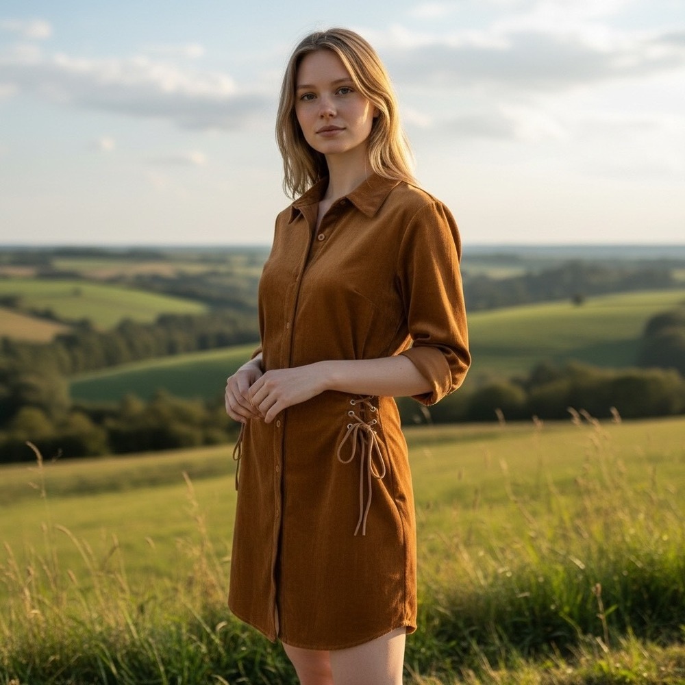 CIDER Corduroy Shirt Dress Lace Up Sides Rust‎ Long Sleeve Collared Button Down